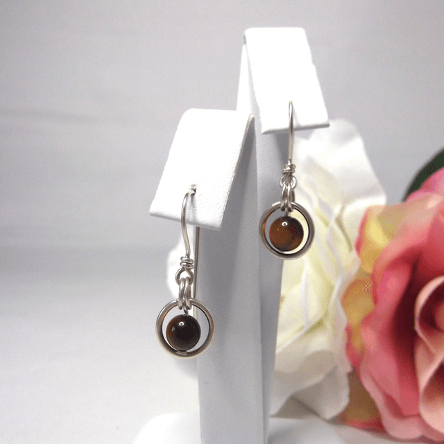 Golden Tigers eye gemstone dangle earrings with bead in a ring of recycled silver