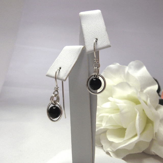 Black obsidian gemstone dangle earrings with bead in a ring of recycled sterling silver