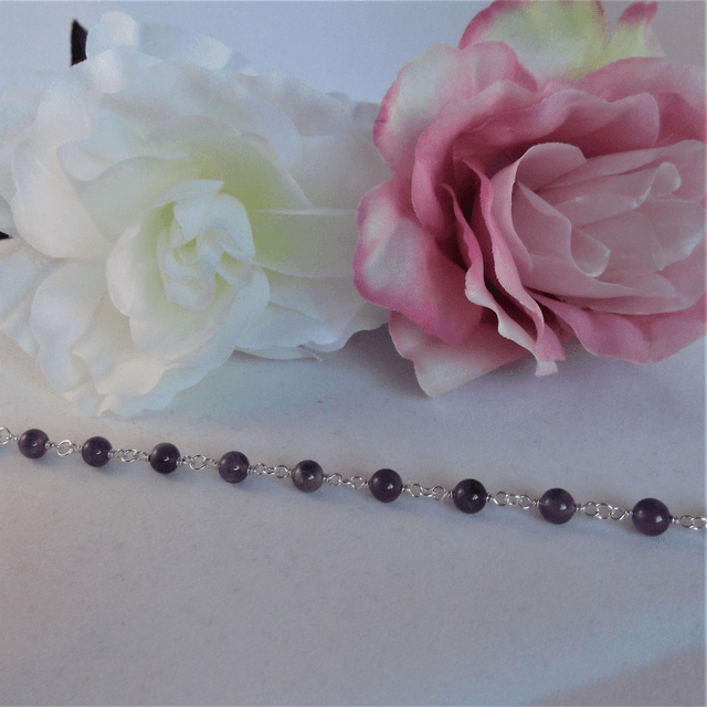 Amethyst gemstone bead bracelet with recycled silver wire wrapped links