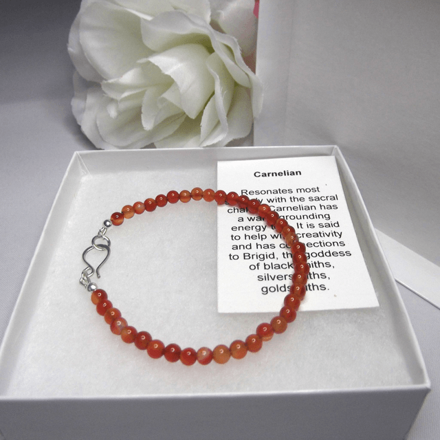 Carnelian gemstone bracelet of small round beads with recycled sterling silver clasp 