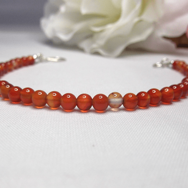 Carnelian gemstone bracelet of small round beads with recycled sterling silver clasp 