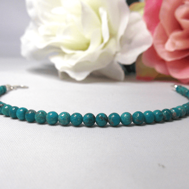 Turquoise gemstone bracelet of small round beads with recycled sterling silver clasp