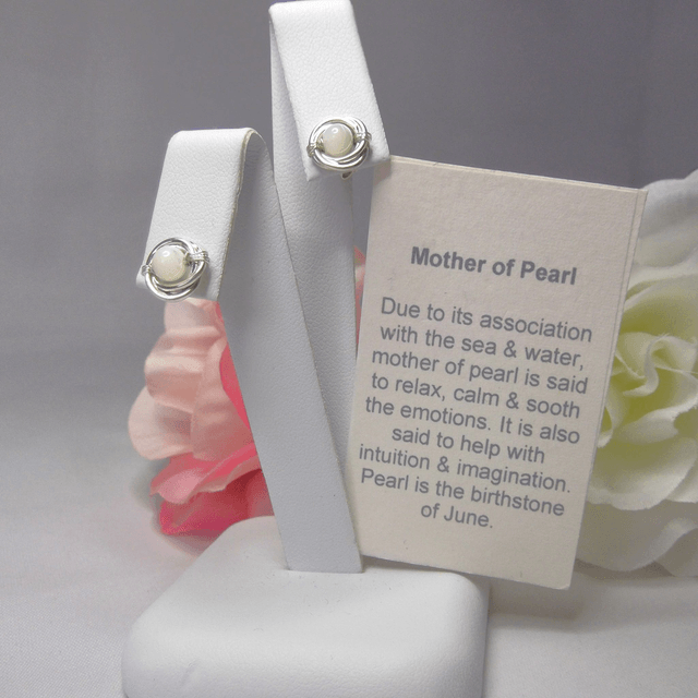 Mother of Pearl gemstone Russian wedding ring style stud earrings with recycled silver 