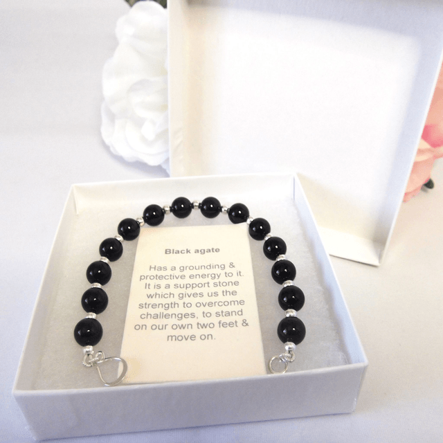 Black Agate gemstone and sterling silver bead bracelet recycled silver clasp