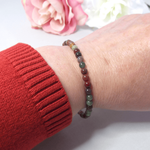 Fancy Jasper gemstone bracelet of small round beads with recycled sterling silver clasp