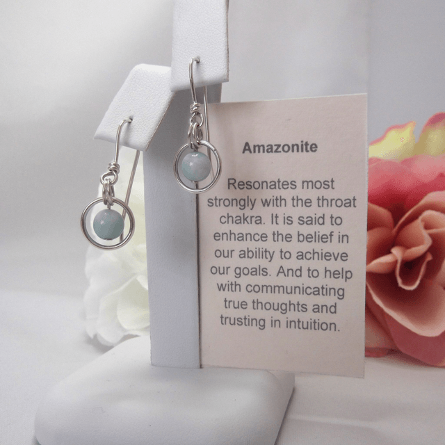 Amazonite gemstone dangle earrings bead in a ring of recycled sterling silver