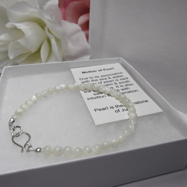 Mother of Pearl gemstone bracelet of small round beads with recycled sterling silver clasp 