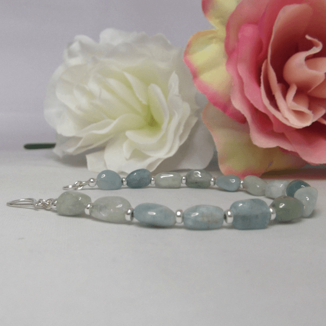 Aquamarine gemstone bead bracelet with small recycled silver spacer beads