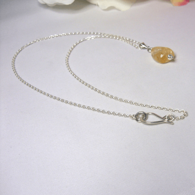 Citrine gemstone drop pendant necklace with recycled silver chain