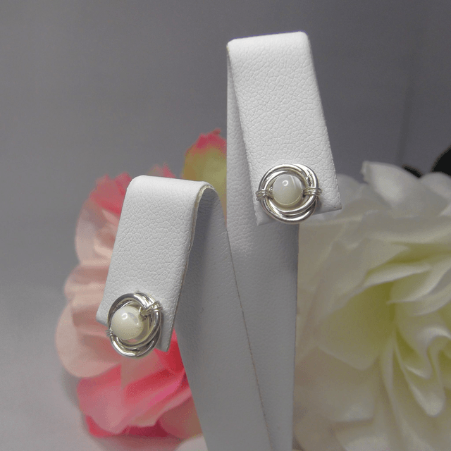 Mother of Pearl gemstone Russian wedding ring style stud earrings with recycled silver 