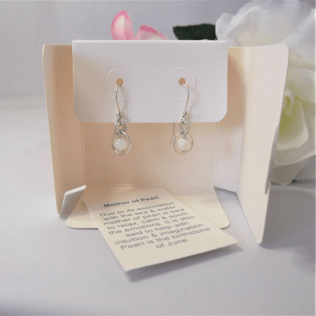 Mother of Pearl gemstone dangle earrings with bead in a ring of recycled silver