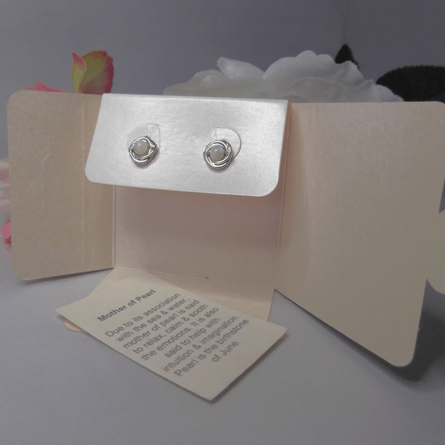 Mother of Pearl gemstone Russian wedding ring style stud earrings with recycled silver 