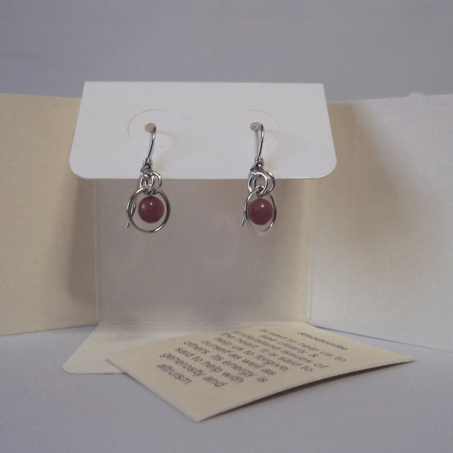 Rhodonite gemstone dangle earrings with bead in a ring of recycled silver