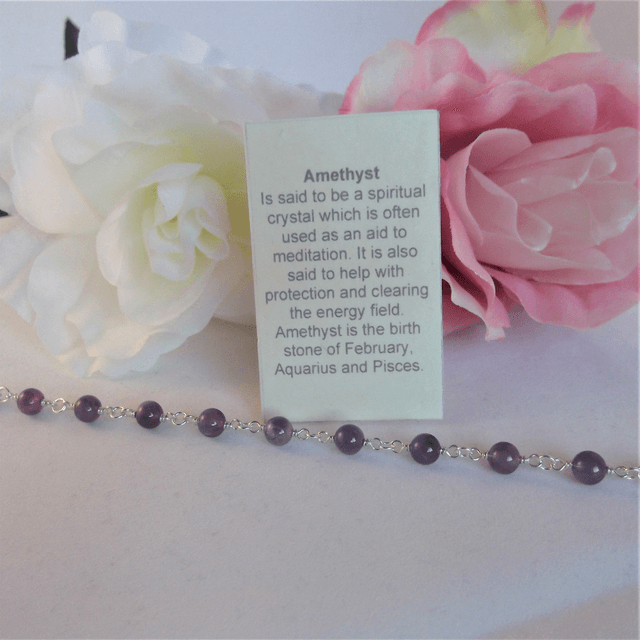 Amethyst gemstone bead bracelet with recycled silver wire wrapped links