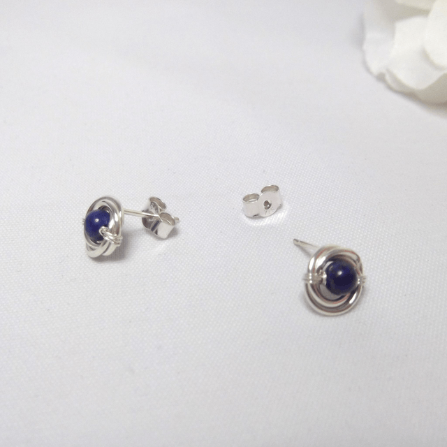 Lapis Lazuli gemstone Russian wedding ring style stud earrings with recycled silver 