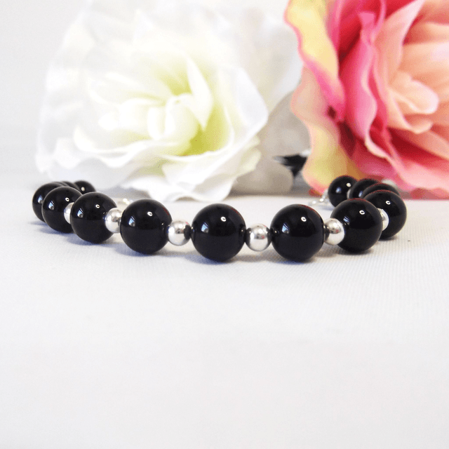 Black Agate gemstone and sterling silver bead bracelet recycled silver clasp