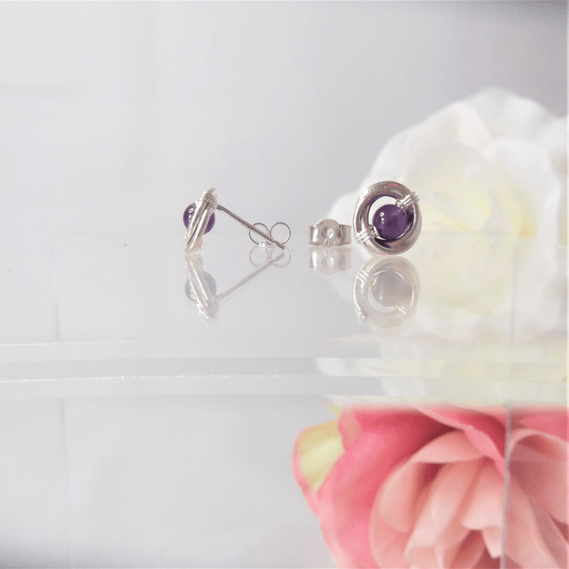 Amethyst gemstone Russian wedding ring style stud earrings with recycled silver 