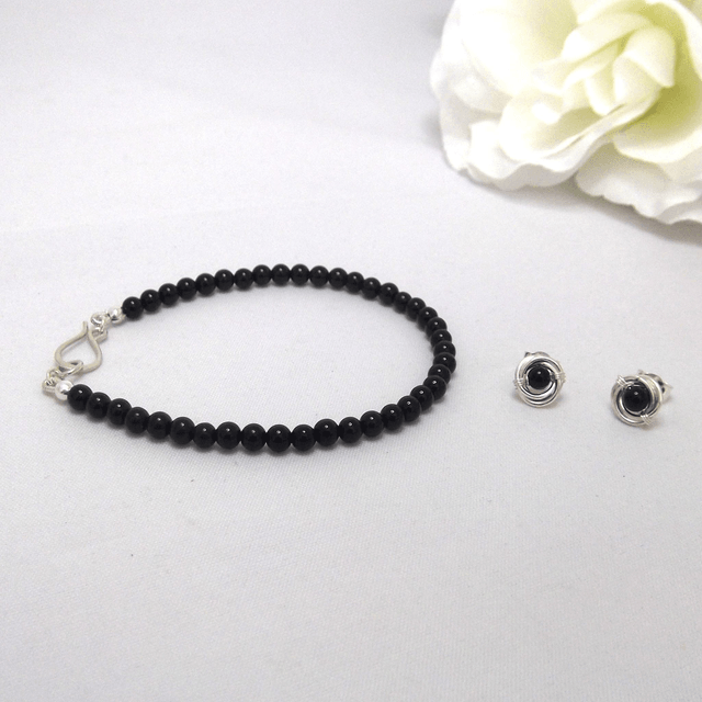Black Agate gemstone bracelet of small round beads with recycled sterling silver clasp