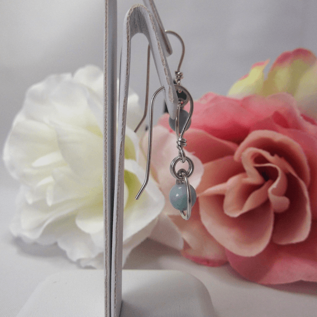 Amazonite gemstone dangle earrings bead in a ring of recycled sterling silver