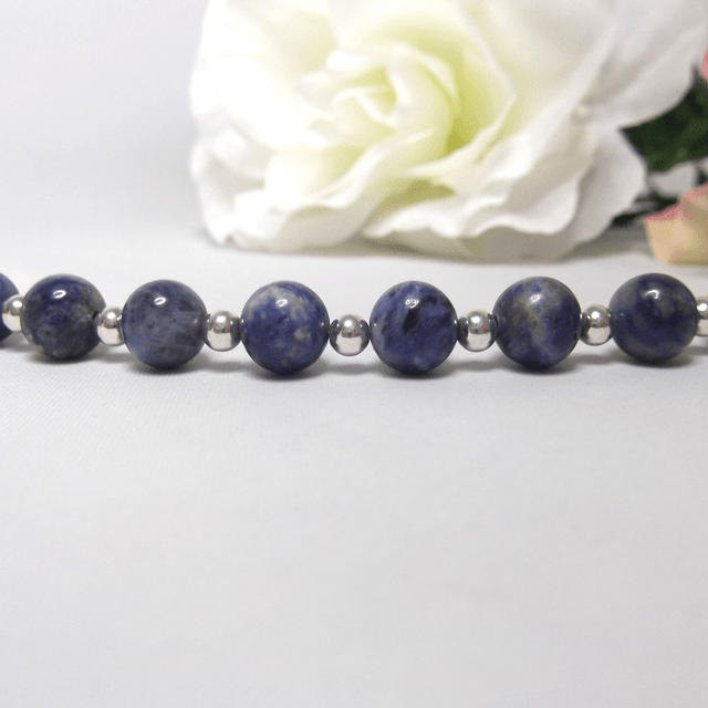Sodalite gemstone and sterling silver bead bracelet recycled silver clasp