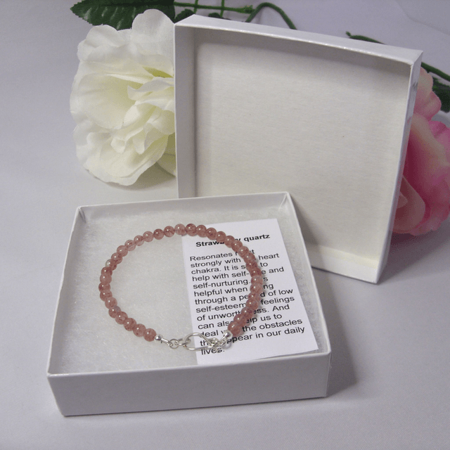 Strawberry quartz gemstone bracelet of small round beads with recycled clasp