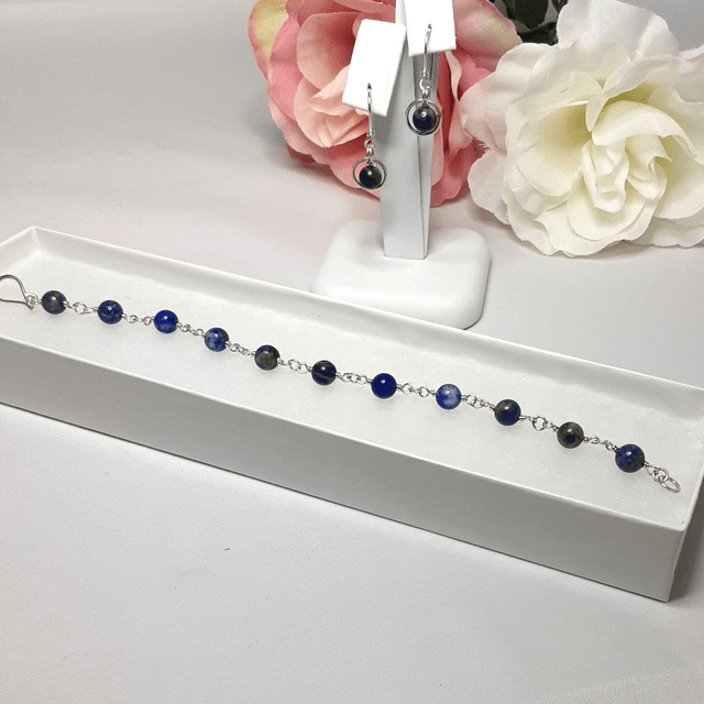 Lapis Lazuli gemstone dangle earrings with bead in a ring of recycled silver
