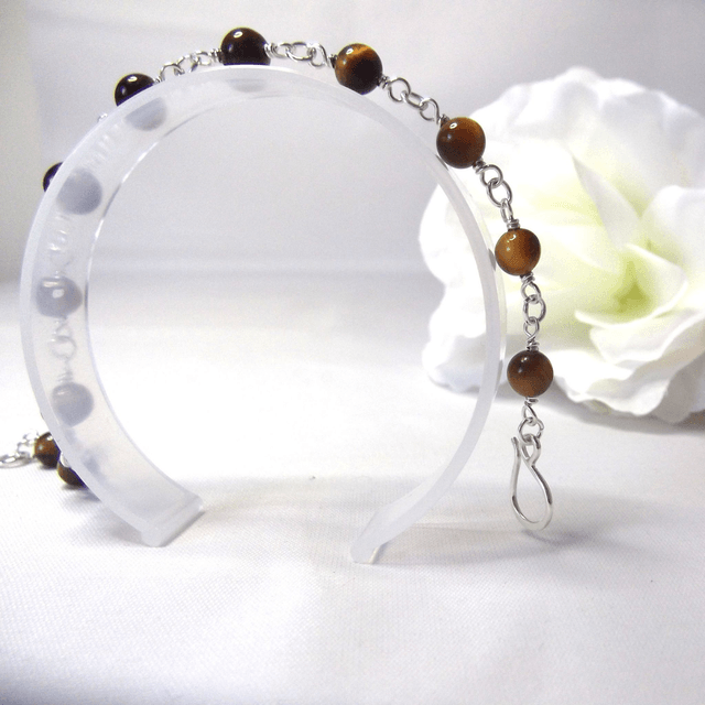 Golden Tigers eye gemstone bead bracelet with recycled silver wire wrapped links
