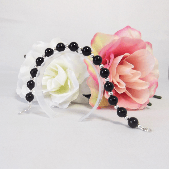 Black Agate gemstone and sterling silver bead bracelet recycled silver clasp