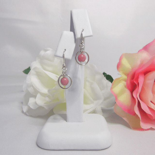 Rhodonite gemstone dangle earrings with bead in a ring of recycled silver