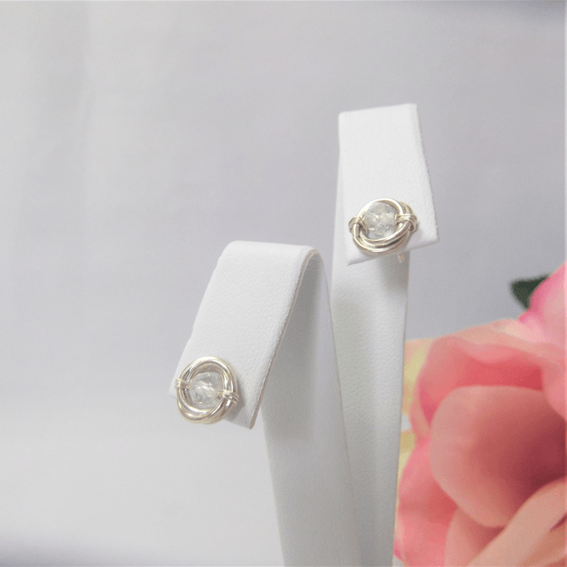 White topaz gemstone Russian wedding ring style stud earrings with recycled silver