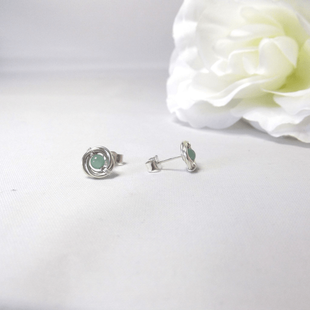 Green Aventurine gemstone Russian wedding ring style stud earrings with recycled silver 