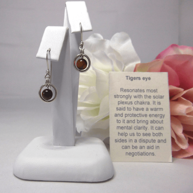 Golden Tigers eye gemstone dangle earrings with bead in a ring of recycled silver