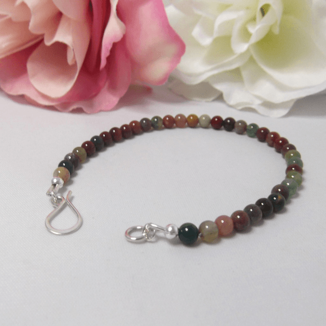 Fancy Jasper gemstone bracelet of small round beads with recycled sterling silver clasp