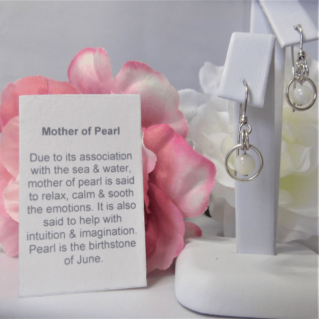 Mother of Pearl gemstone dangle earrings with bead in a ring of recycled silver