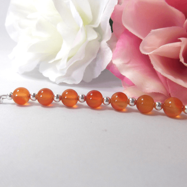 Carnelian gemstone and sterling silver bead bracelet recycled silver clasp