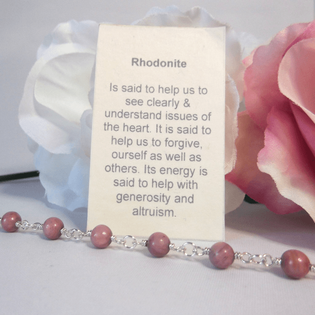 Rhodonite gemstone bead bracelet with recycled silver wire wrapped links