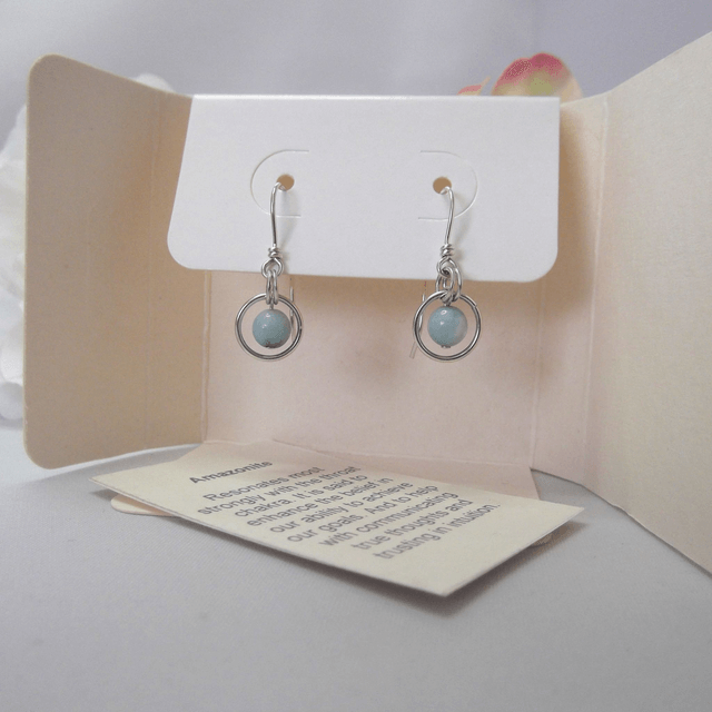 Amazonite gemstone dangle earrings bead in a ring of recycled sterling silver
