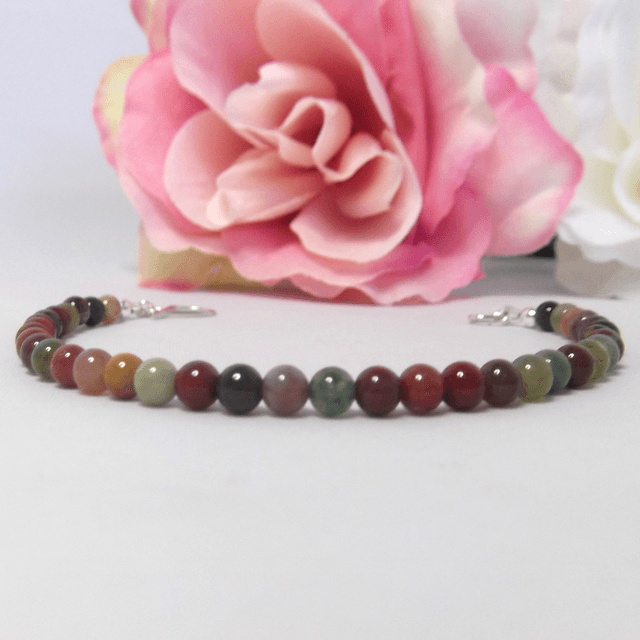 Fancy Jasper gemstone bracelet of small round beads with recycled sterling silver clasp