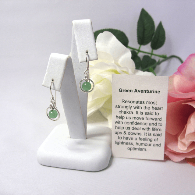 Green Aventurine gemstone dangle earrings with bead in a ring of recycled silver