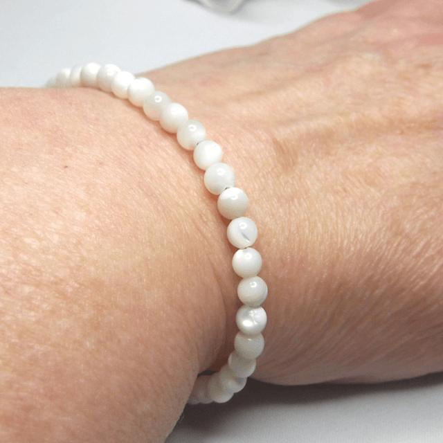Mother of Pearl gemstone bracelet of small round beads with recycled sterling silver clasp 
