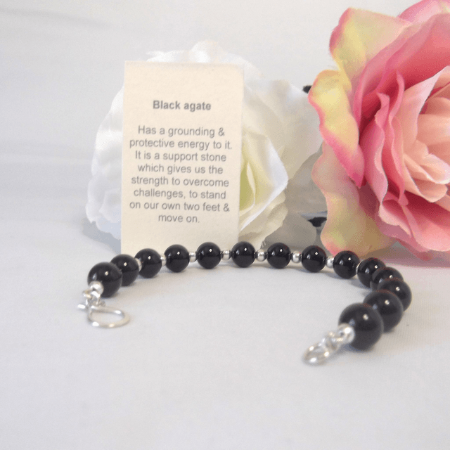 Black Agate gemstone and sterling silver bead bracelet recycled silver clasp