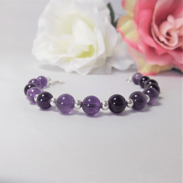 Amethyst gemstone and sterling silver bead bracelet recycled silver clasp