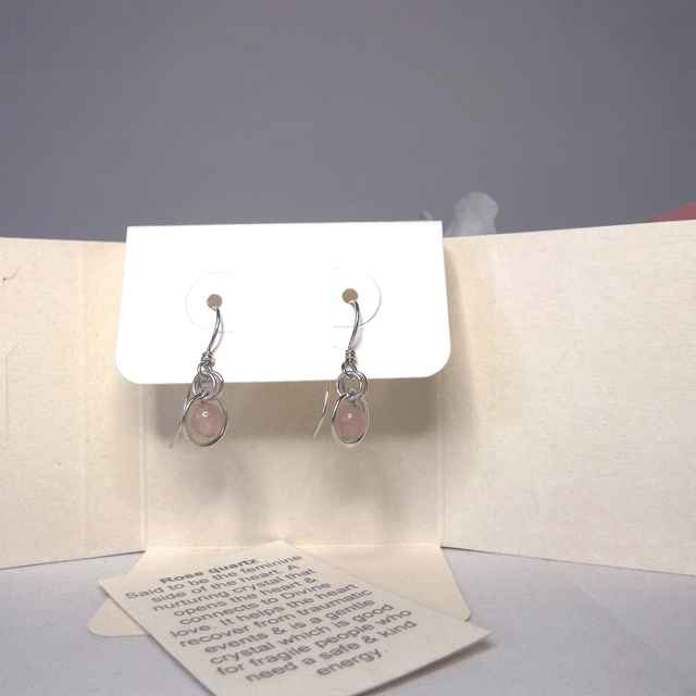 Rose quartz gemstone dangle earrings with bead in a ring of recycled silver