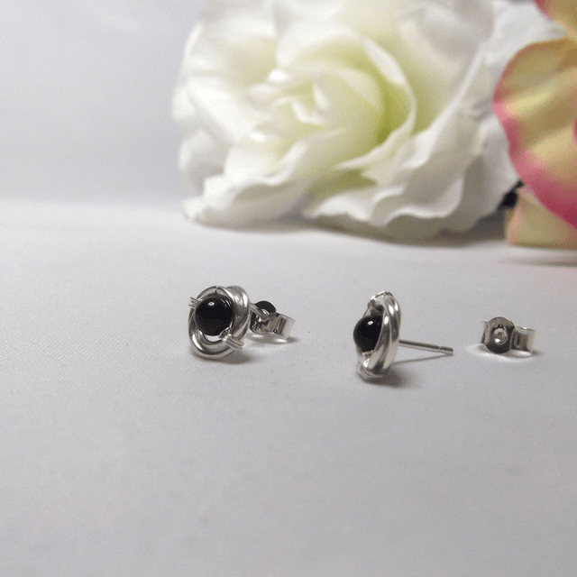 Black Agate gemstone Russian wedding ring style stud earrings with recycled silver