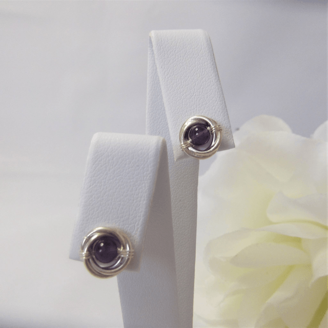 Amethyst gemstone Russian wedding ring style stud earrings with recycled silver 