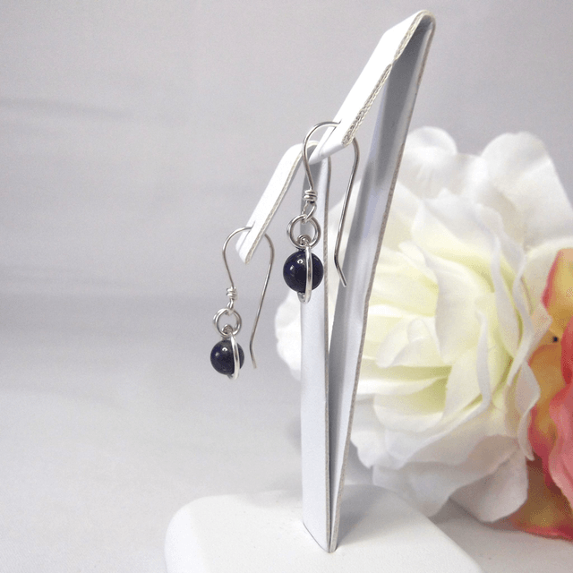 Lapis Lazuli gemstone dangle earrings with bead in a ring of recycled silver
