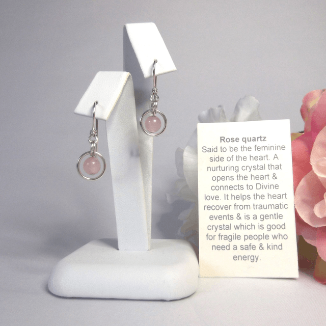 Rose quartz gemstone dangle earrings with bead in a ring of recycled silver