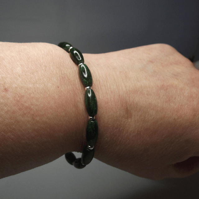 Green Jade gemstone bead bracelet with small recycled silver spacer beads
