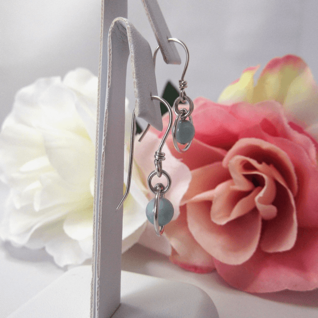 Amazonite gemstone dangle earrings bead in a ring of recycled sterling silver