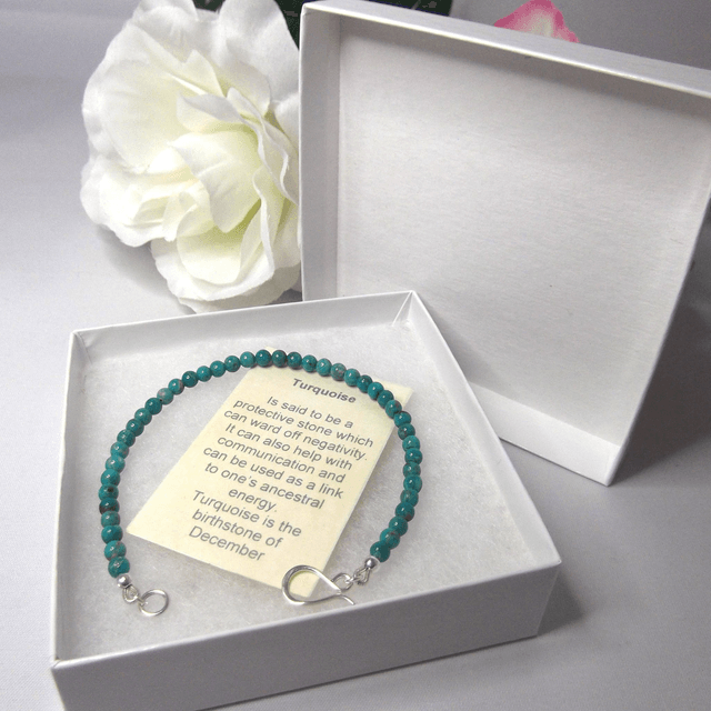 Turquoise gemstone bracelet of small round beads with recycled sterling silver clasp
